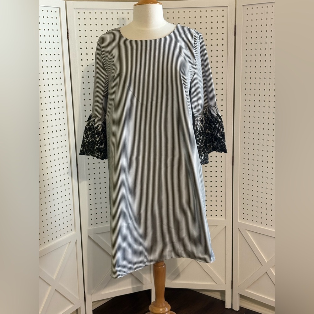 Nina Leonard Black Sheath Dress with Bell Sleeves